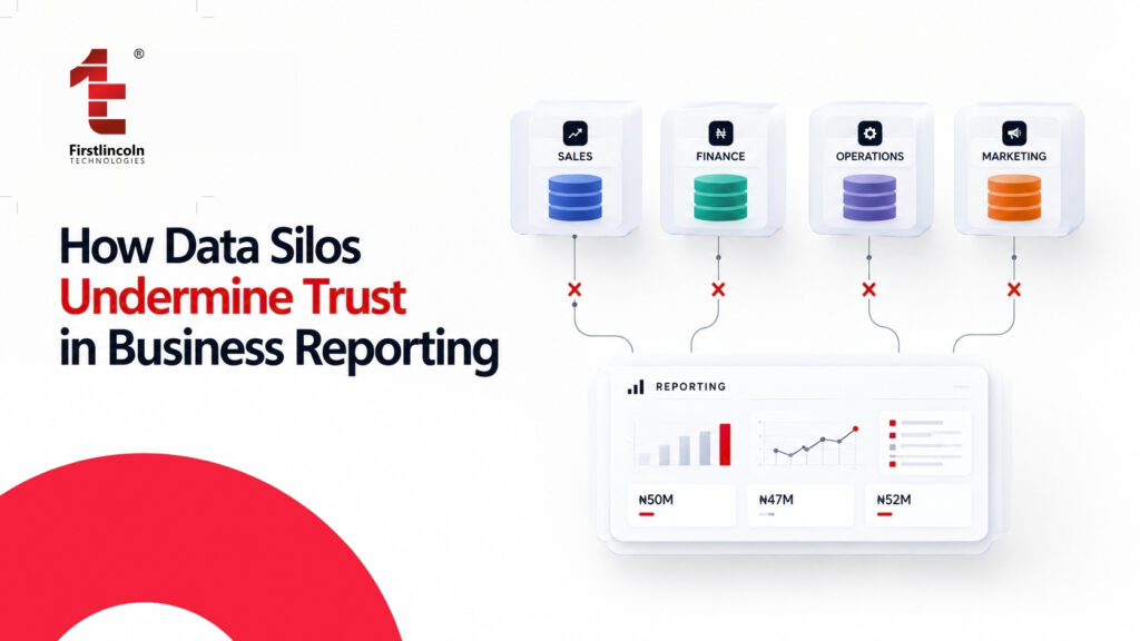 Illustration showing disconnected business data systems affecting reporting and decision-making