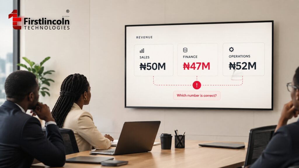 Business teams reviewing different revenue figures from disconnected data sources